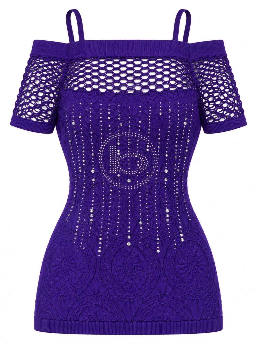 Bebe Purple Y2K Rhinestone Lace Mesh Off Shoulder Top emo